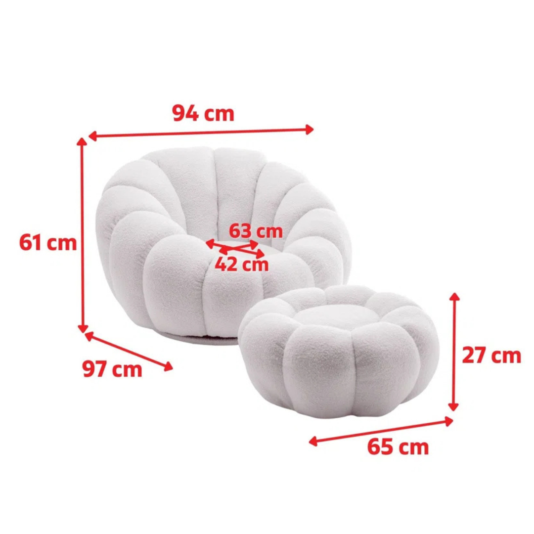 white scalloped pumpkin chair and ottoman, dimensions.