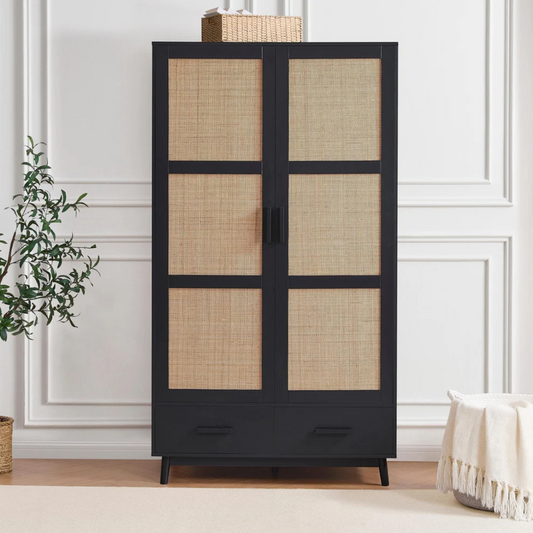 Scandi Rattan Black Wardrobe And Drawers, set in a modern model home, front view.