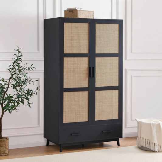 Scandi Rattan Black Wardrobe And Drawers, set in a modern model home, angled view.