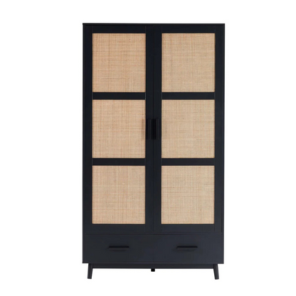 Scandi Rattan Black Wardrobe And Drawers, white background, front view.