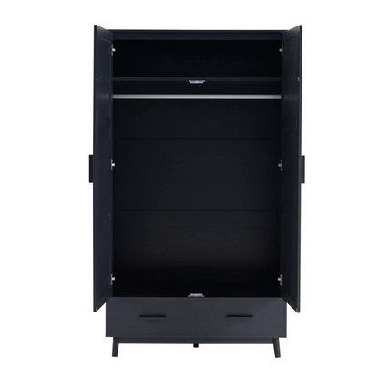 Scandi Rattan Black Wardrobe And Drawers, Black wardrobe with open doors on a white background