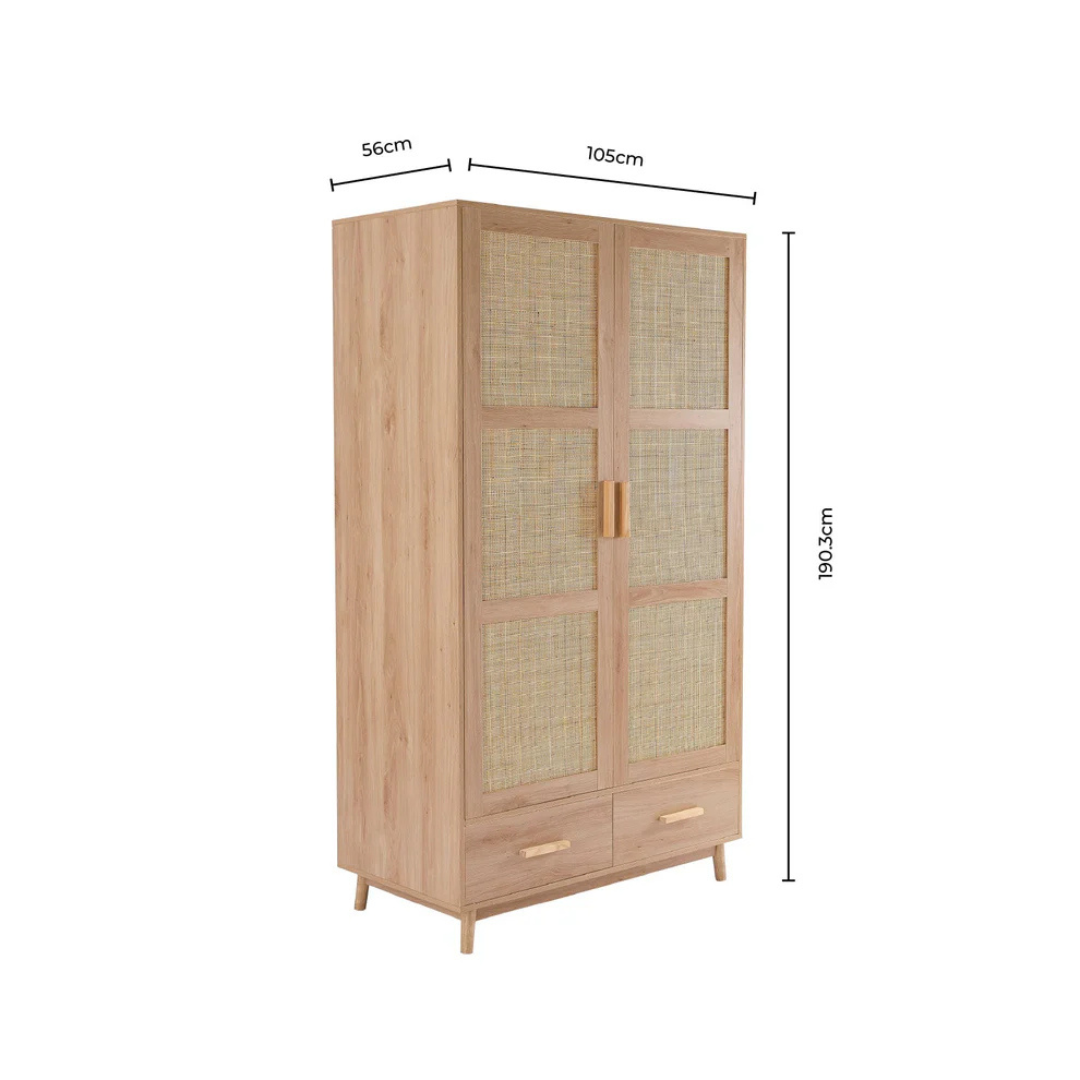 Wooden wardrobe with rattan doors and dimensions on a white background