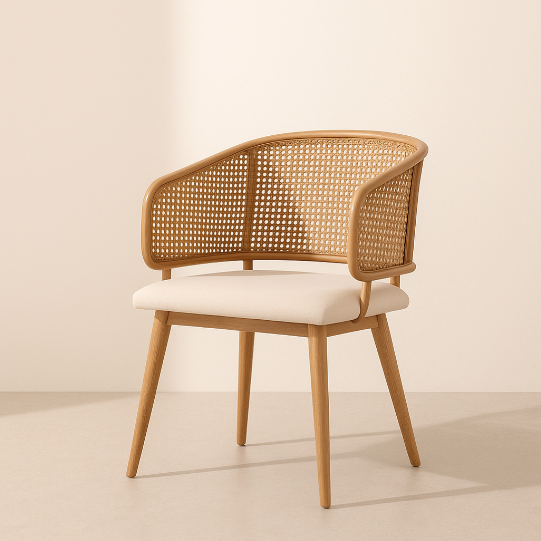 Wooden chair with wicker backrest and white cushion on a beige background