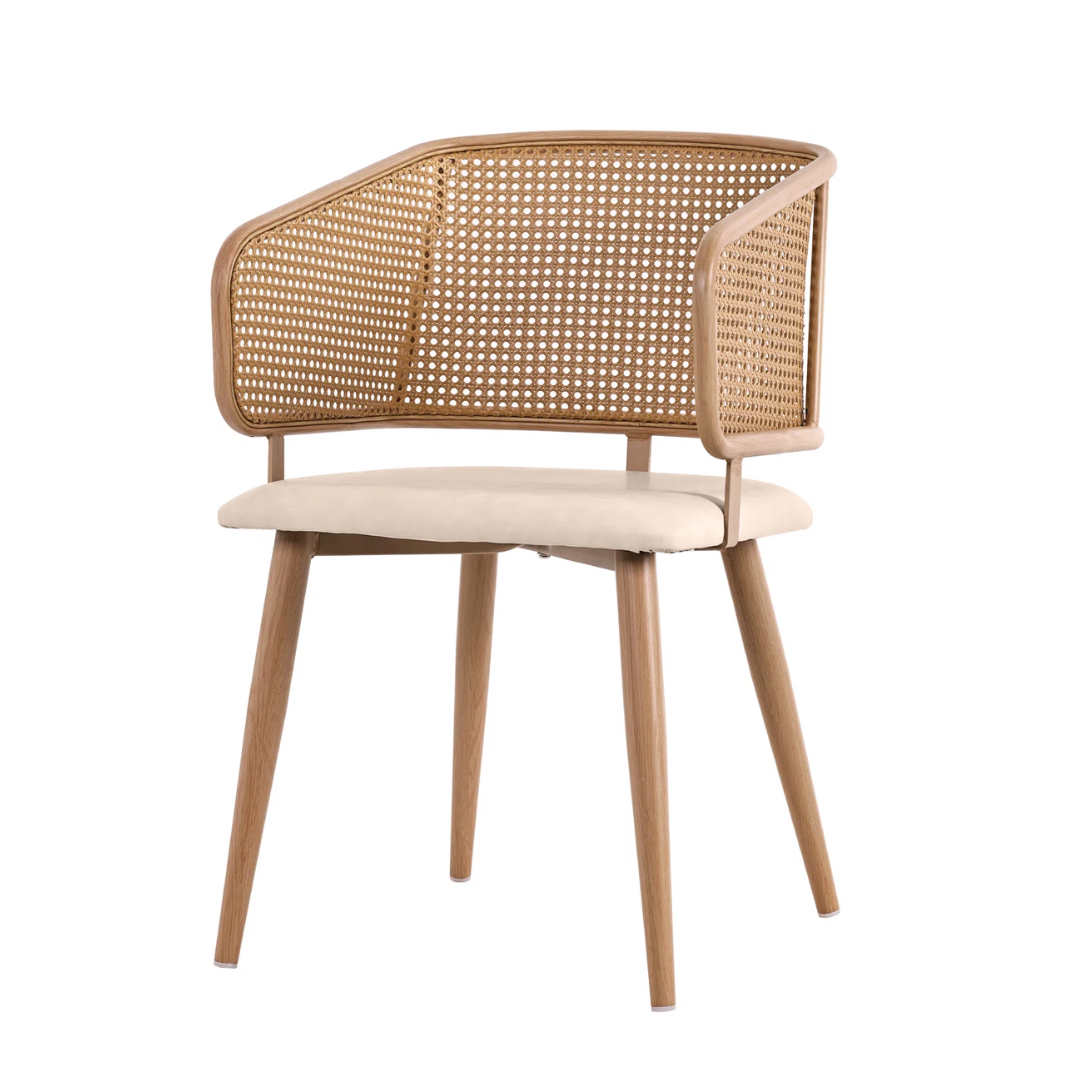 Chair with wicker backrest and beige cushion on a white background