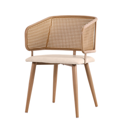Chair with wicker backrest and beige cushion on a white background
