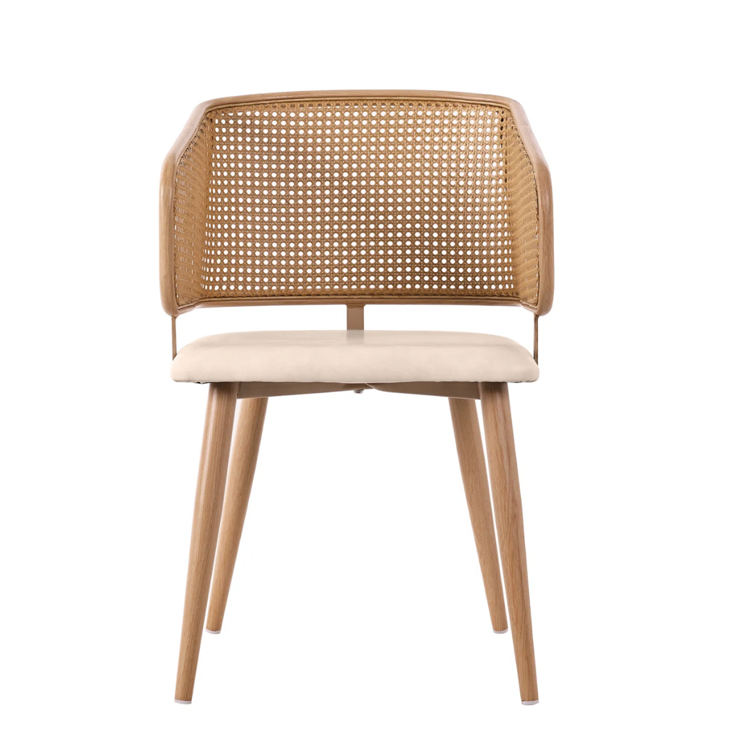 Chair with woven backrest and beige cushion on a white background