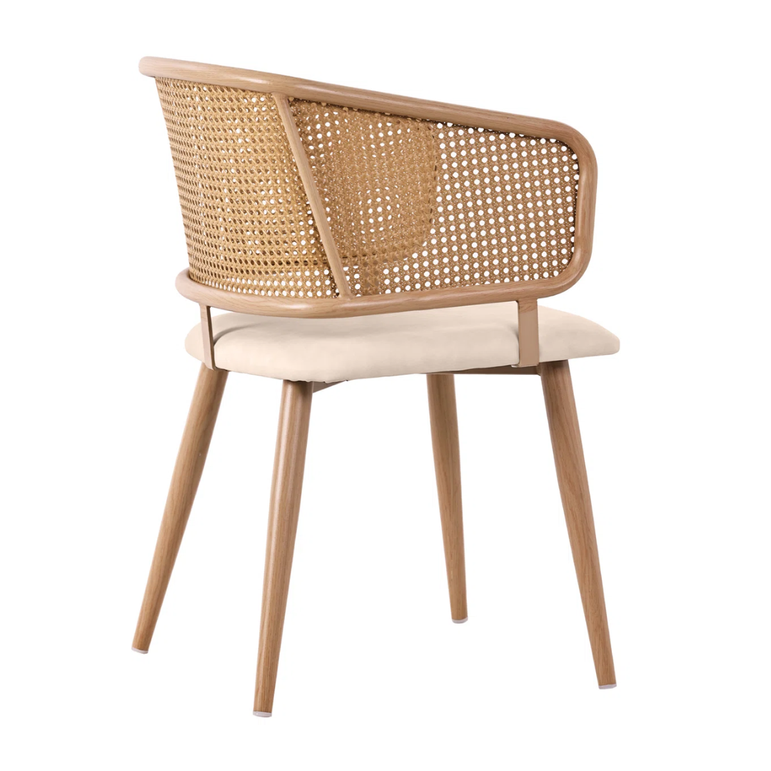 Chair with wicker backrest and beige seat on a white background