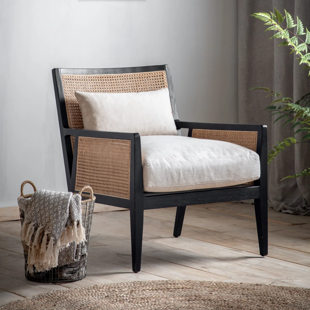 Chair with wicker backrest and white cushion on a wooden floor with a plant in the background
