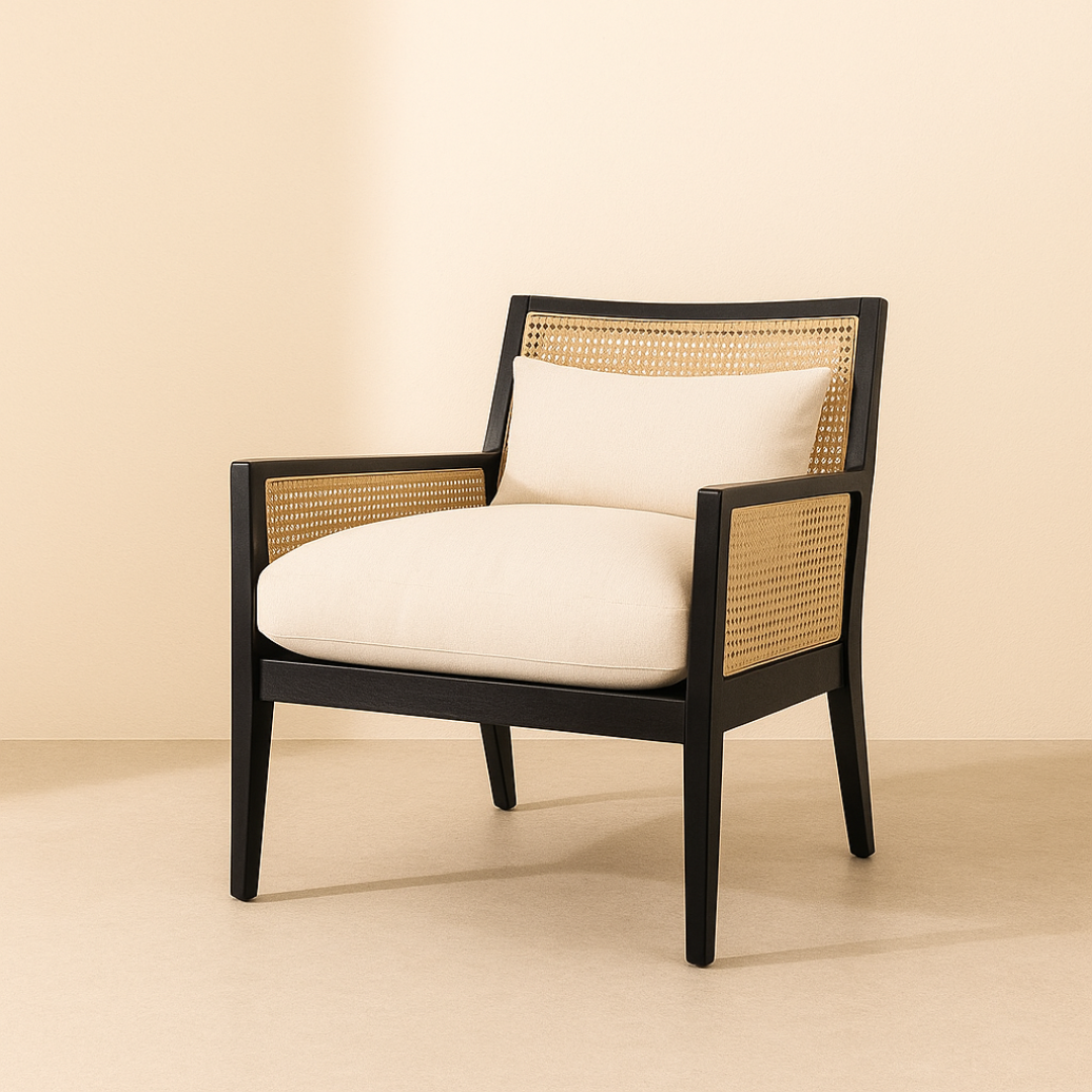 Chair with wicker backrest and white cushion on a beige background