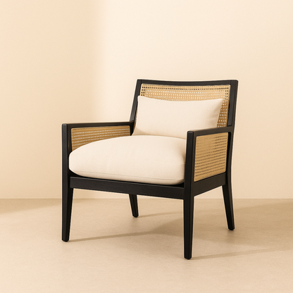 Chair with wicker backrest and white cushion on a beige background