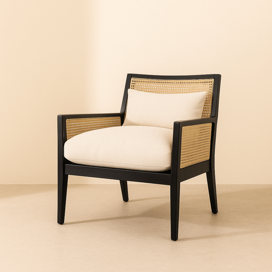 Chair with wicker backrest and white cushion on a beige background