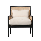 Chair with woven backrest and white cushion on a white background