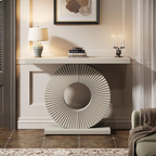 Sculptured Modern White Console Table set in a mid century home.