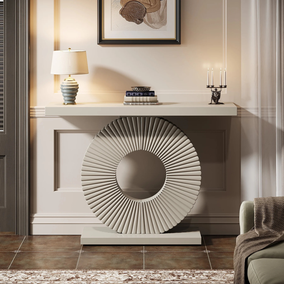 Sculptured Modern White Console Table set in a mid century home.