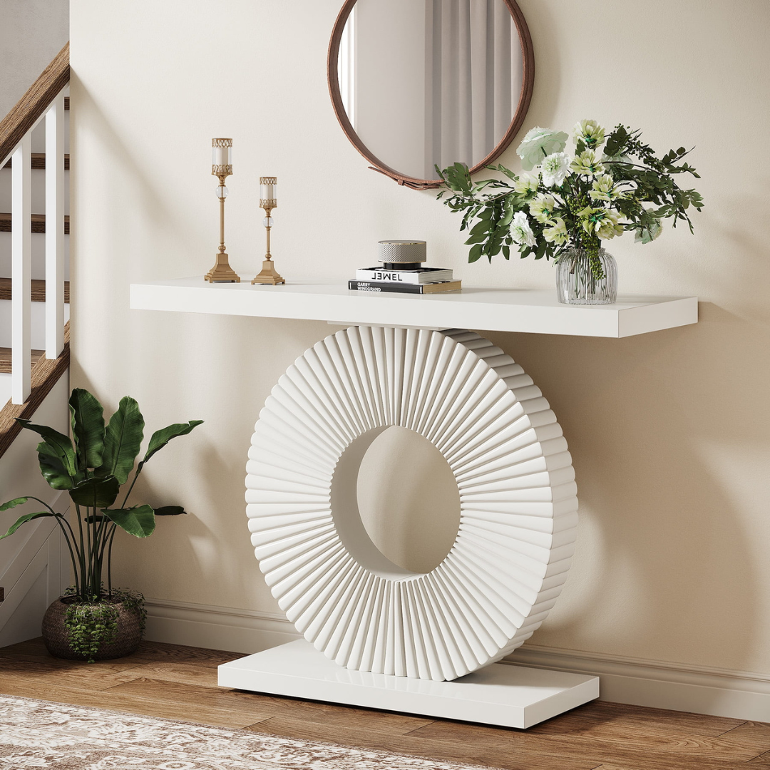Sculptured Modern White Console Table,  angled view in a model home.