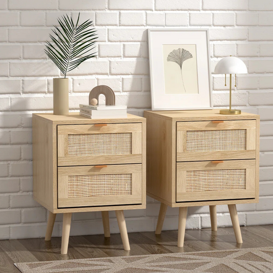 Set Of 2 Rattan Bedside Cabinet, set in a modern home.
