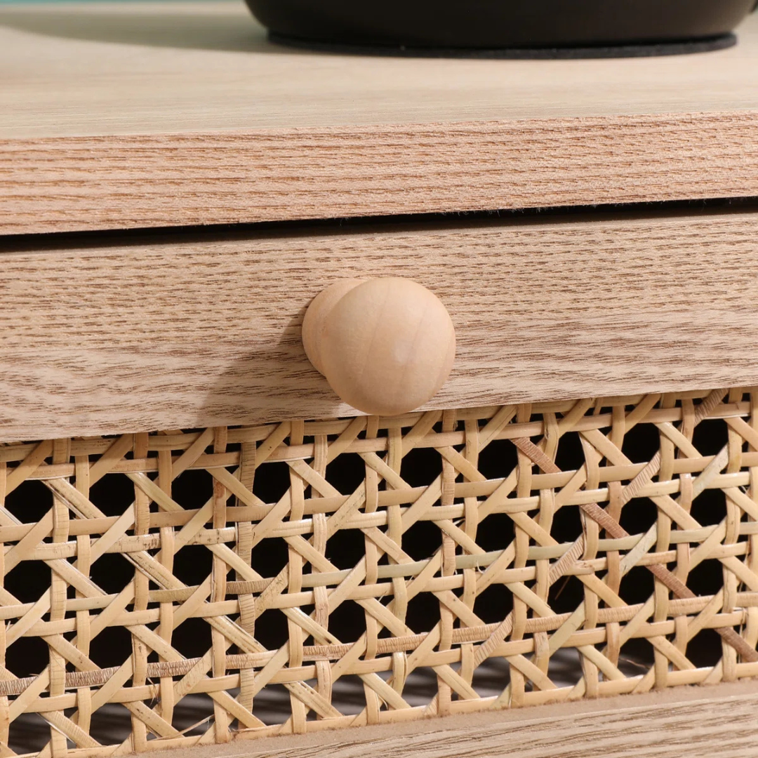 Single Drawer Bedside Table Rattan, close up to rattan drawer.