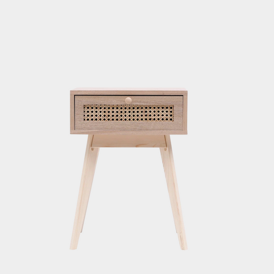 Single Drawer Bedside Table Rattan, grey background, front view.