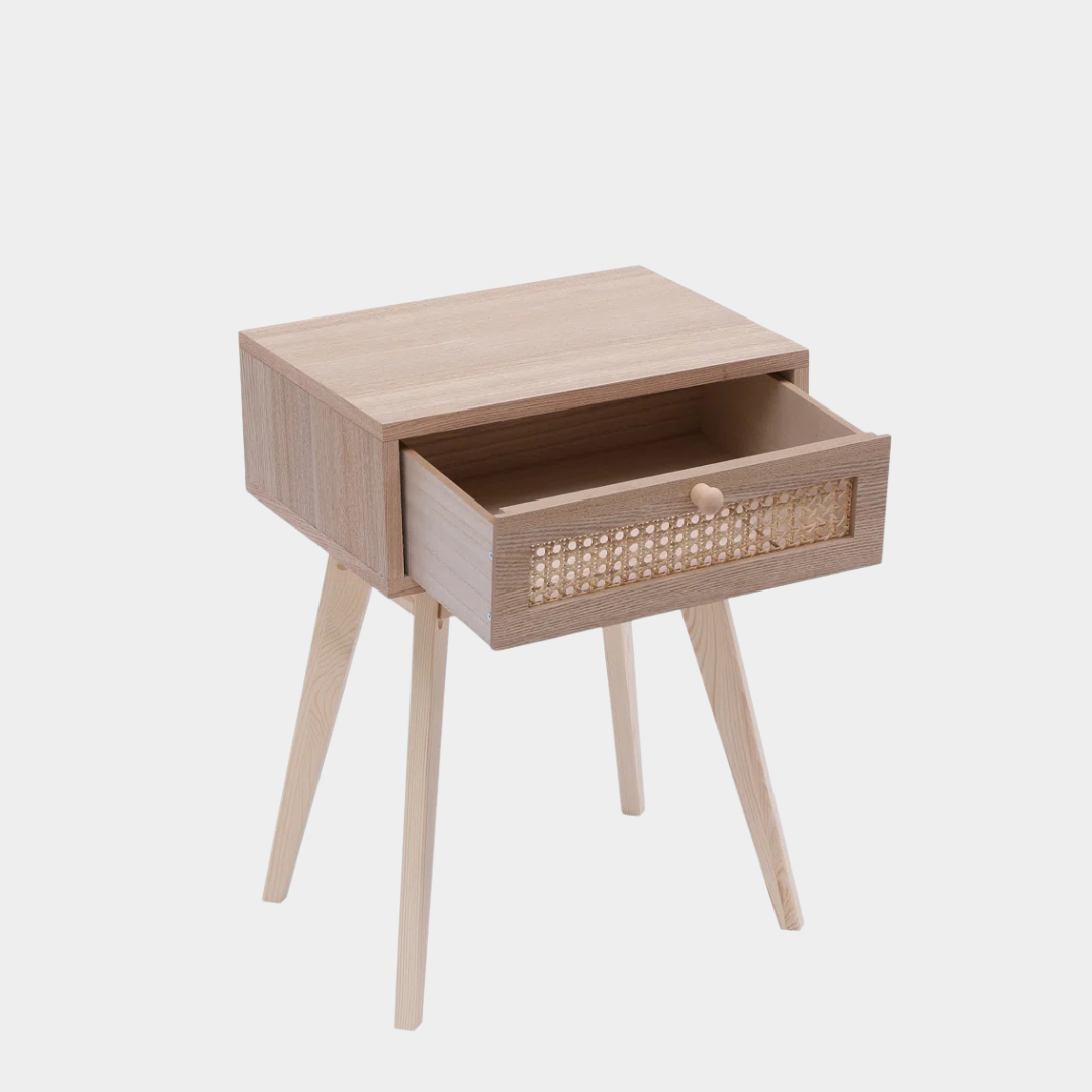 Single Drawer Bedside Table Rattan, grey background , with drawer open.