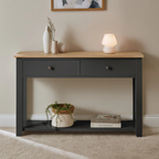 Slate Grey Console Table with Drawers, front view in model home.