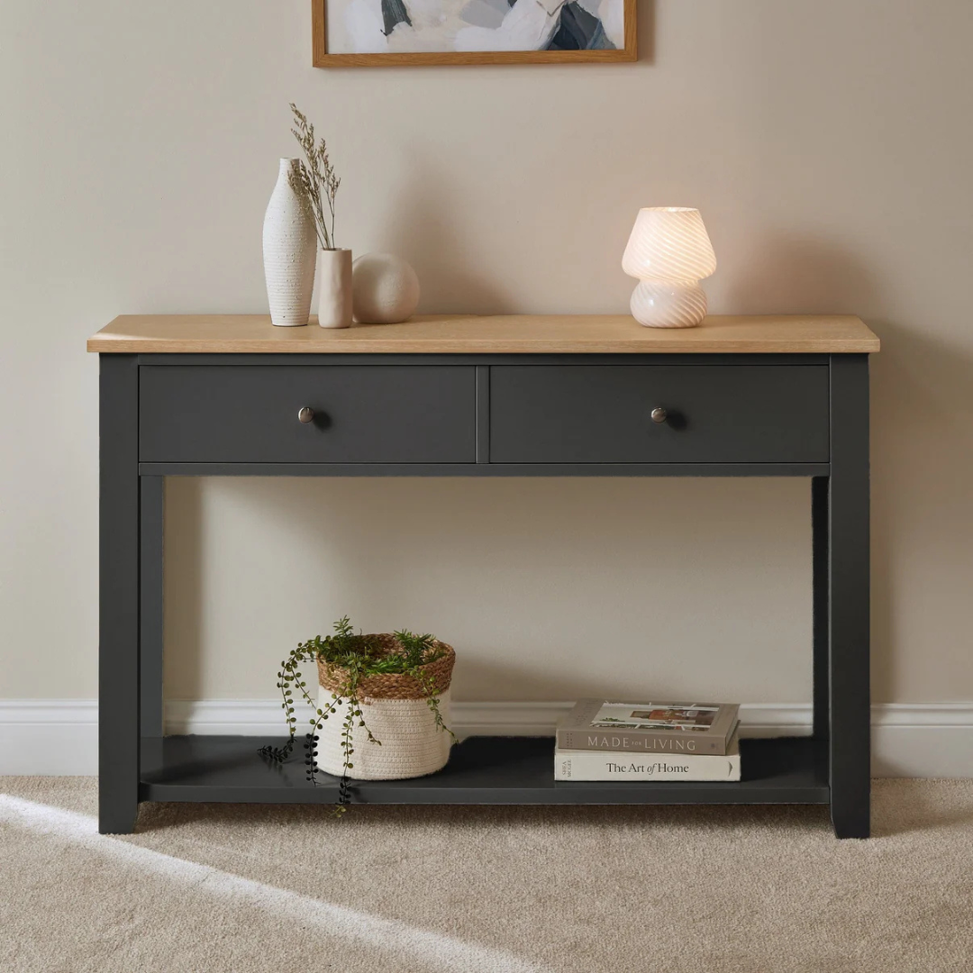 Slate Grey Console Table with Drawers, front view in model home.