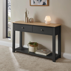 Slate Grey Console Table with Drawers, angled view in model home.