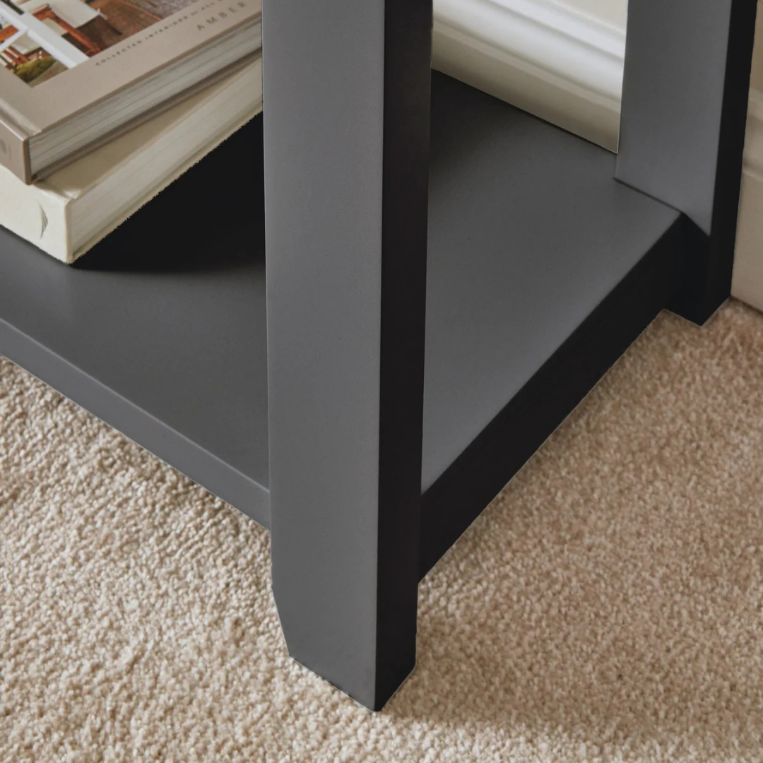 Slate Grey Console Table with Drawers, close up of legs.