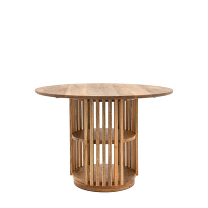 Wooden dining table with round top and cylindrical base on a white background