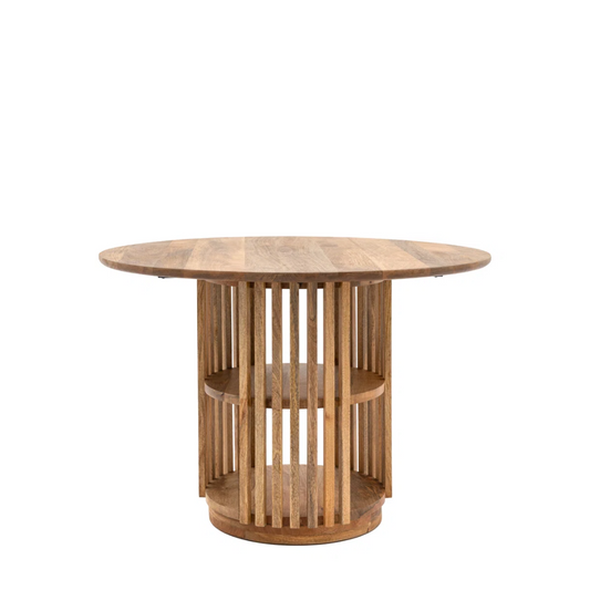 Wooden dining table with round top and cylindrical base on a white background