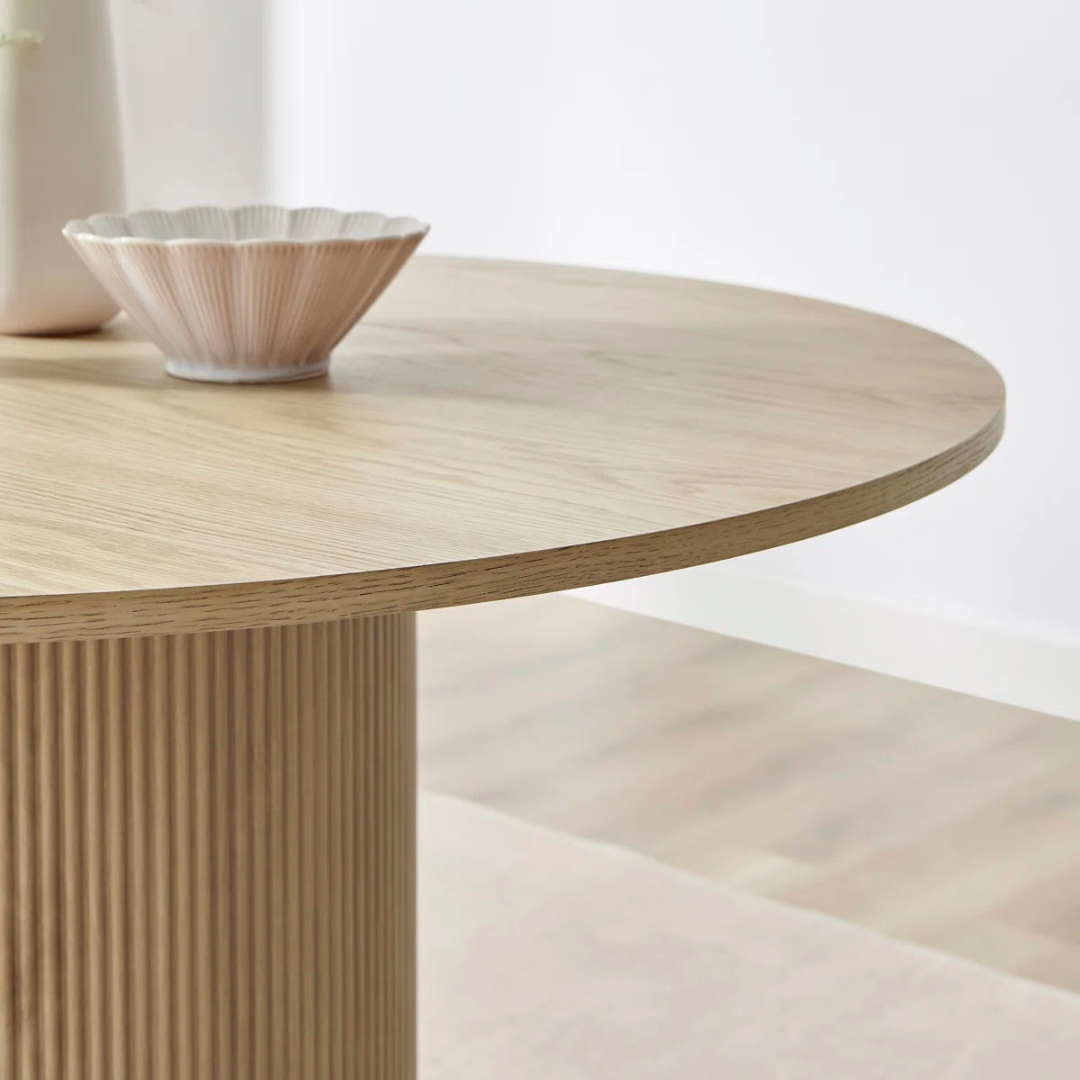 Slatted Round Contemporary Dining Room Table, close up to table top.