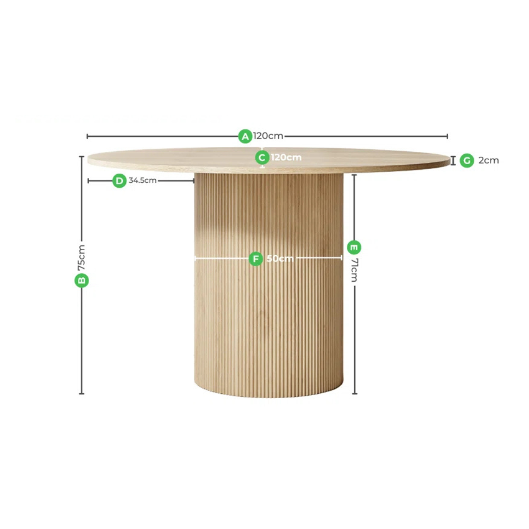 Slatted Round Contemporary Dining Room Table, dimensions.