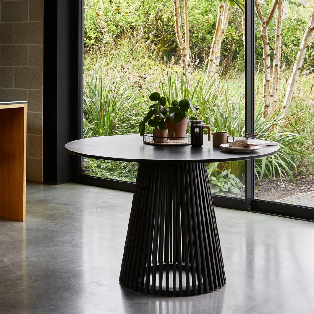 Slatted Wood Black Dining Table Round