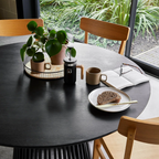 Slatted Wood Black Dining Table Round