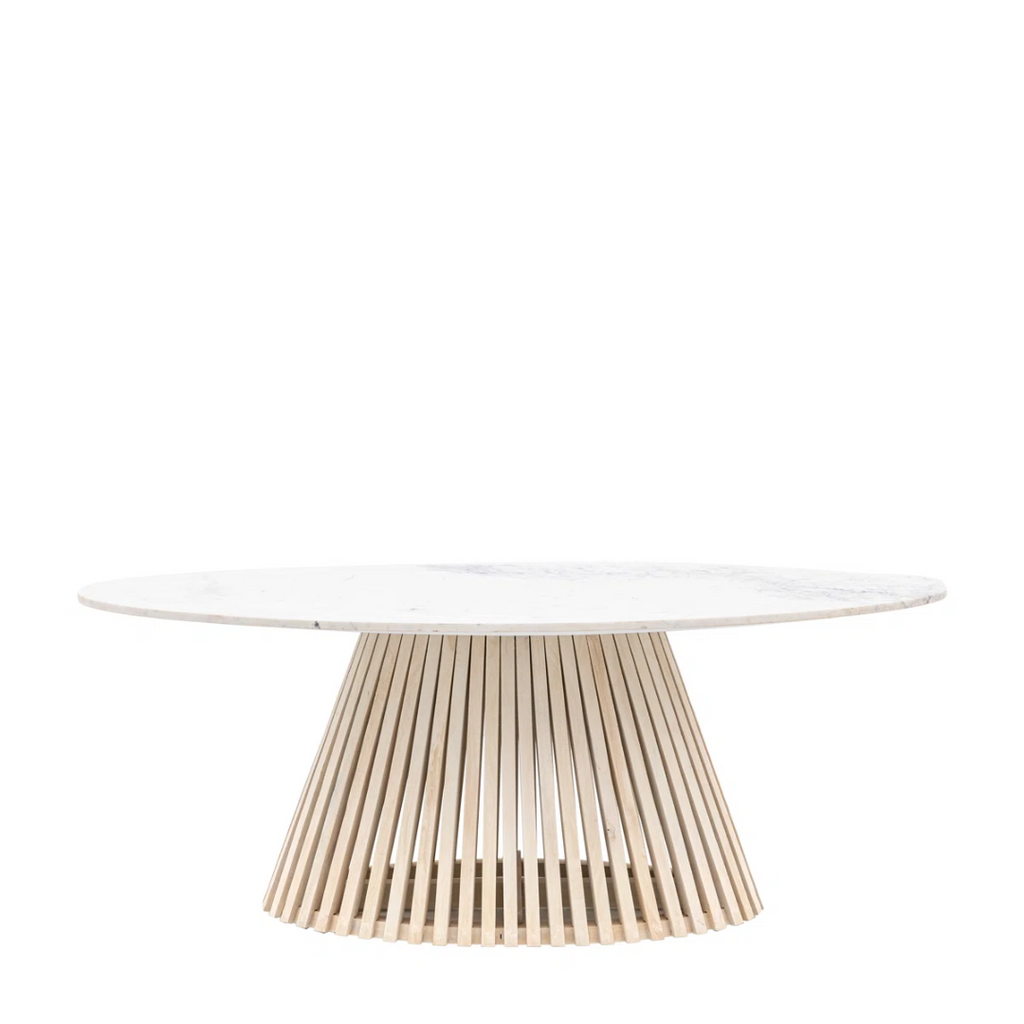 Round white table with a wooden base on a white background