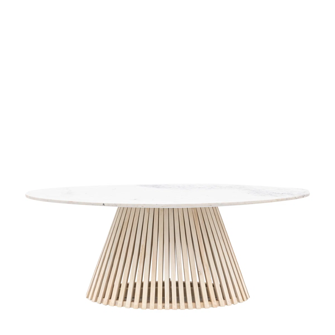 Round white table with a wooden base on a white background