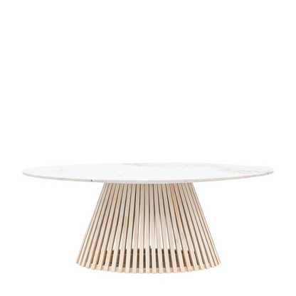 Round white table with a wooden base on a white background
