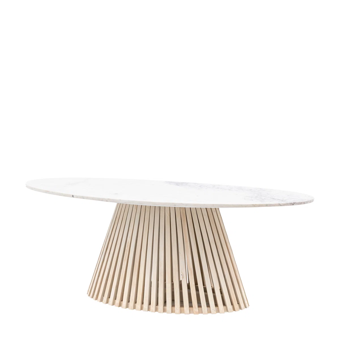 Slatted Wood Oval Marble Dining Room Table