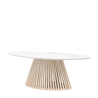 Slatted Wood Oval Marble Dining Room Table