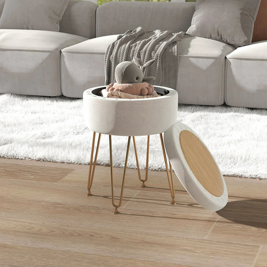 Small Ottoman Round With Storage, cream, set in a model home.