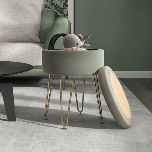 Green Small Ottoman Round With Storage, set in a model home.