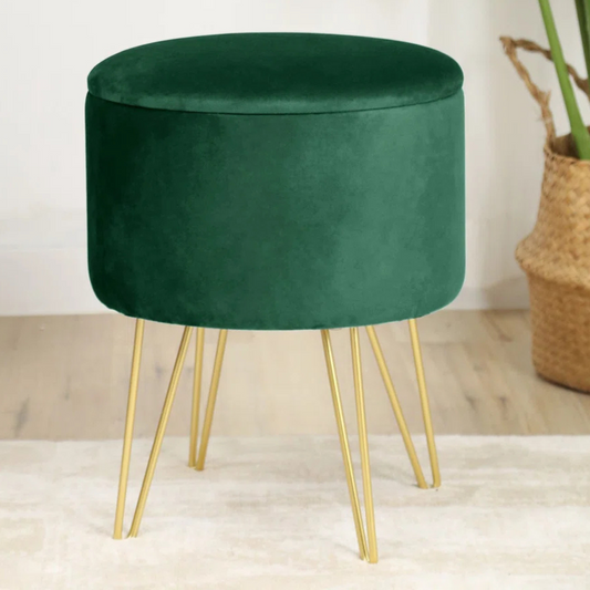 Small Velvet Green Storage Ottoman, set in a model home, with top on.