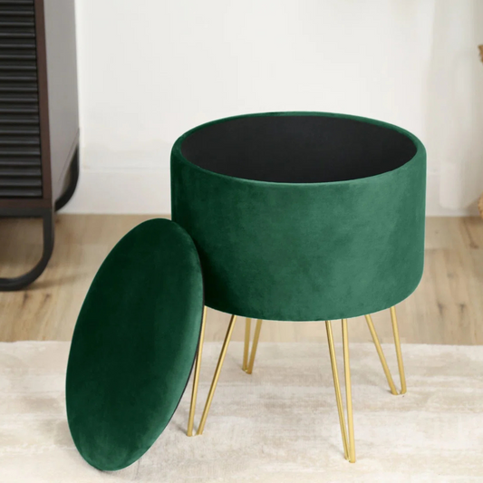 Small Velvet Green Storage Ottoman, set in a model home, top off.