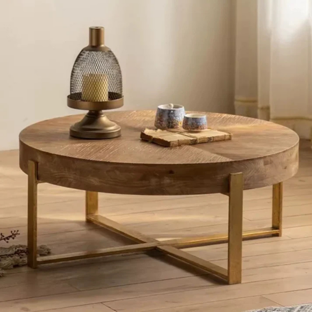 Circle Solid Wood Coffee Table, set on a timber floor in a modern room.