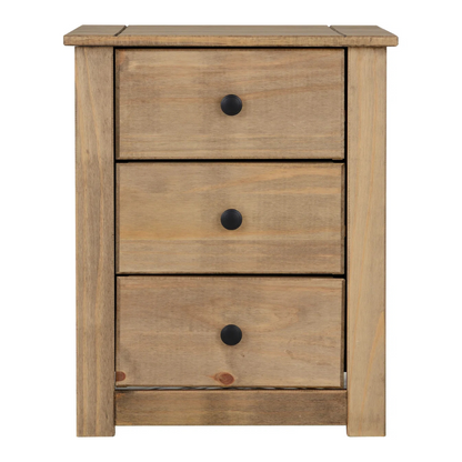 Solid Wood Bedside 3 Drawer Cabinet, front view, white background.