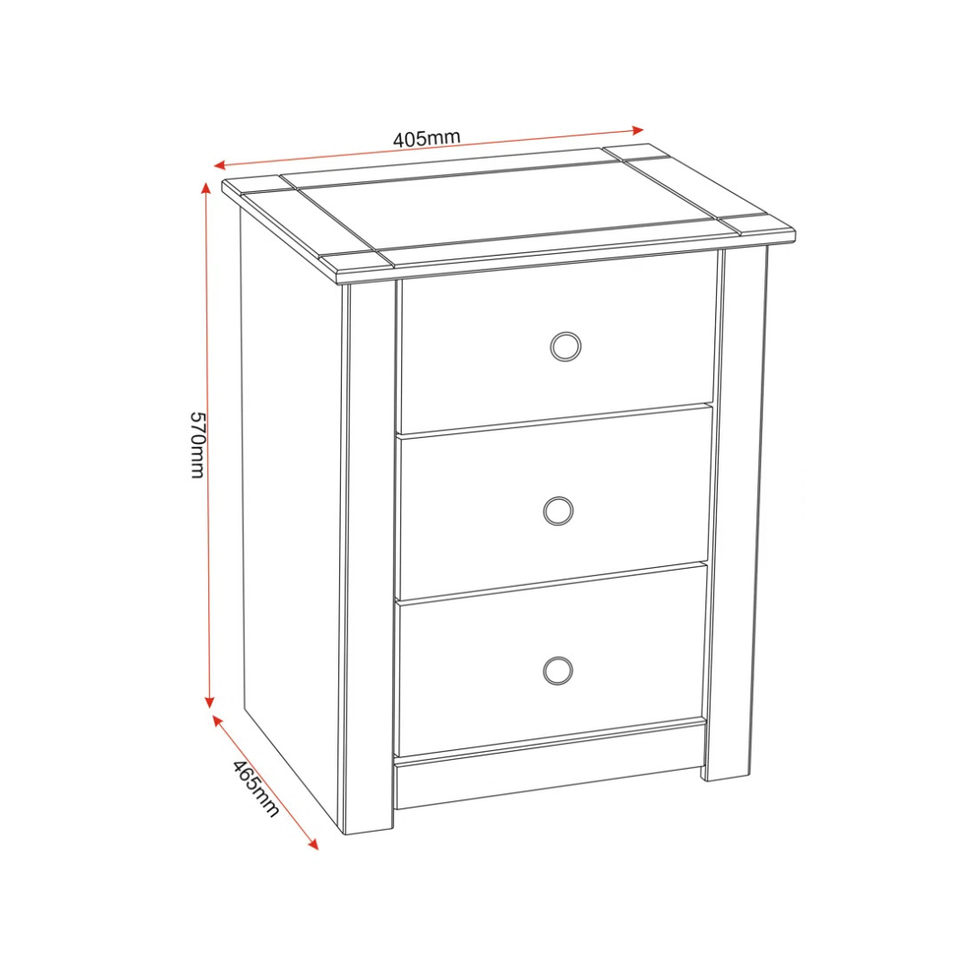 Solid Wood Bedside 3 Drawer Cabinet, dimensions.