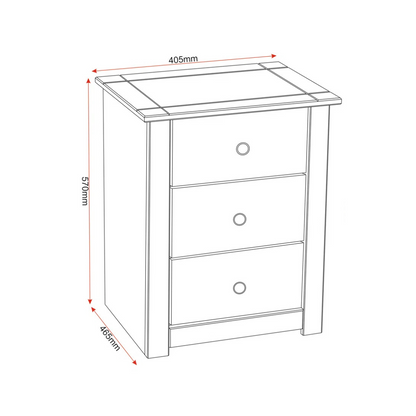 Solid Wood Bedside 3 Drawer Cabinet, dimensions.