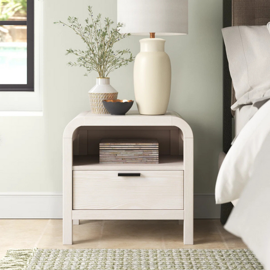 Solid Wood Modern White Bedside Table, set up in a modern model home.