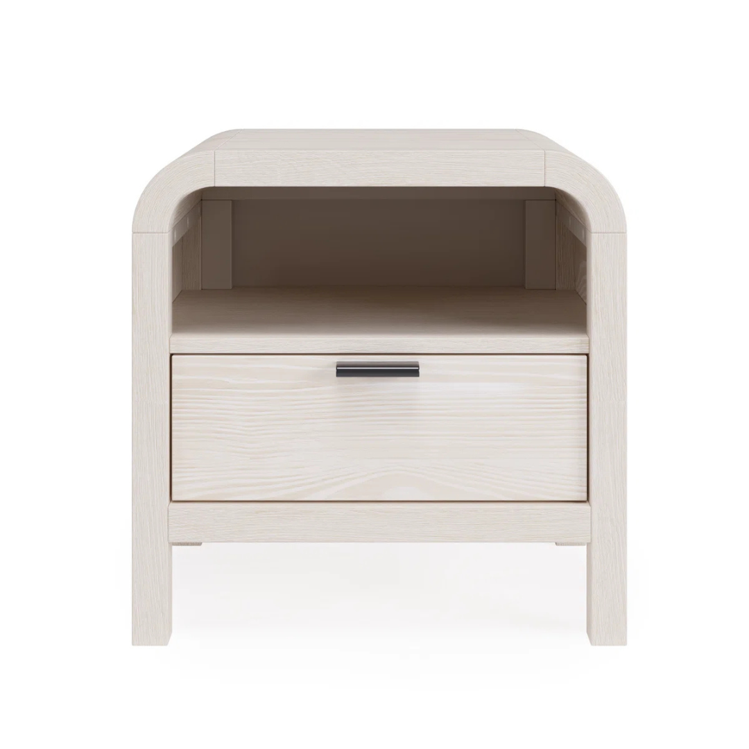 Solid Wood Modern White Bedside Table, front view, white background.