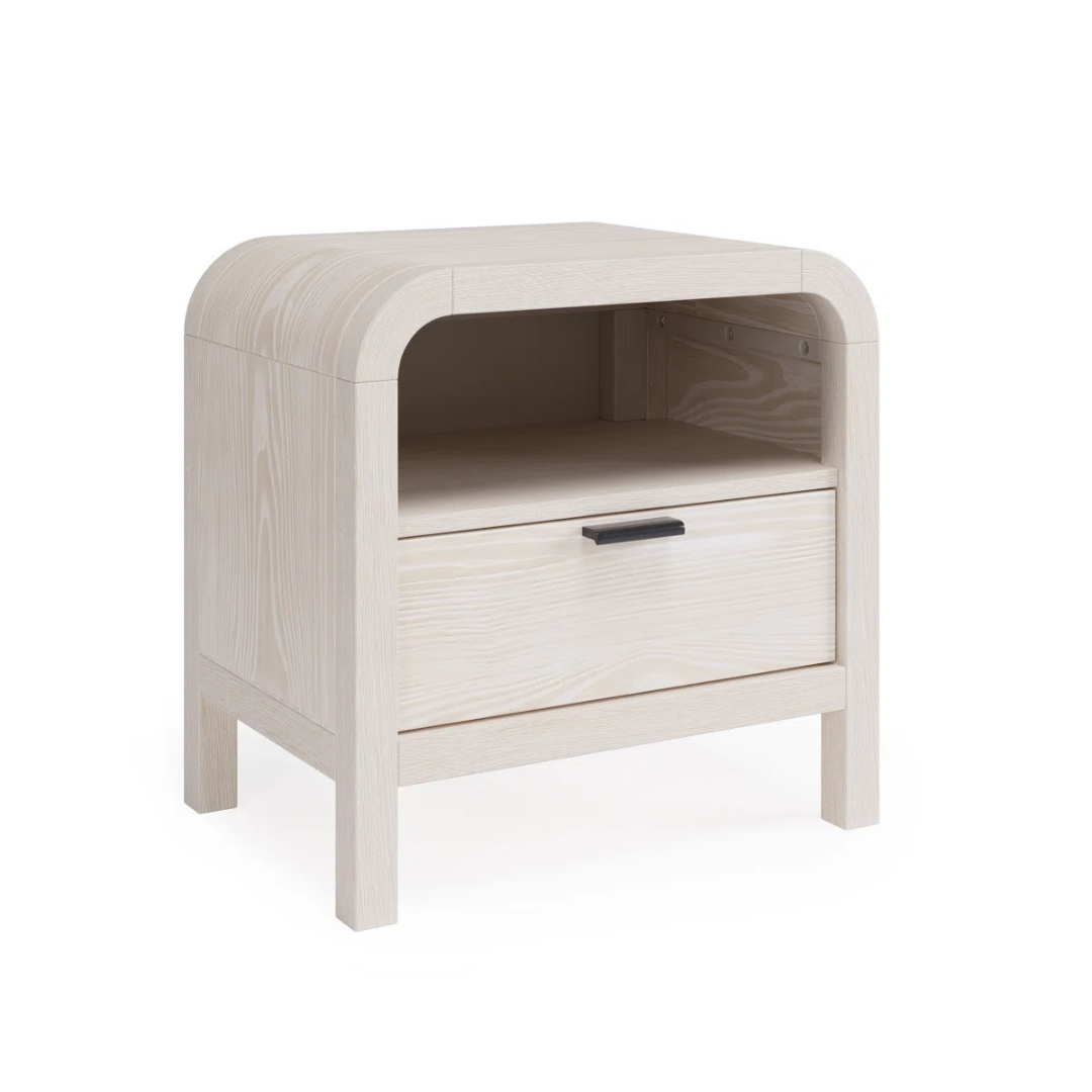 Solid Wood Modern White Bedside Table, angled view, white background.