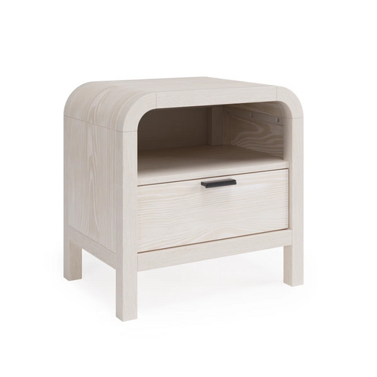 Solid Wood Modern White Bedside Table, angled view, white background.
